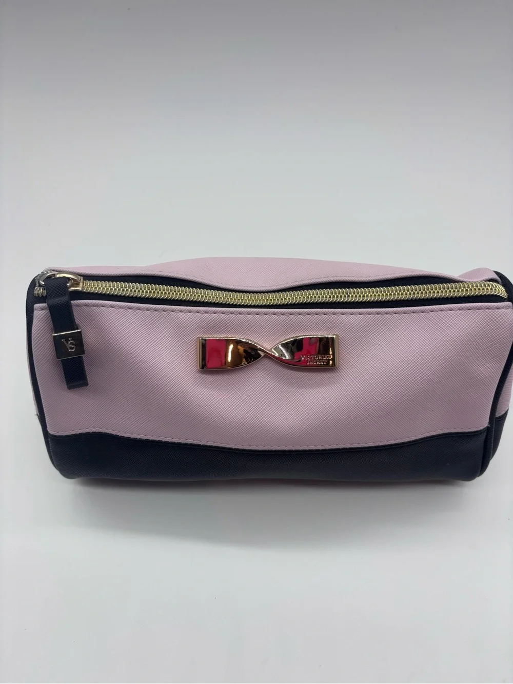 Victoria's Secret Pink and Black Colorblock Cosmetic Case with Gold Bow